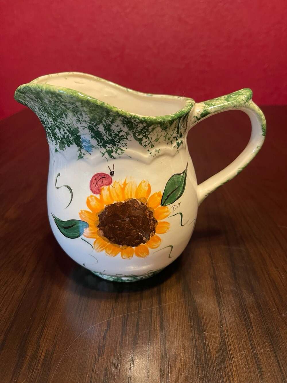 Handmade Sunflower Pitcher with Ladybug Design